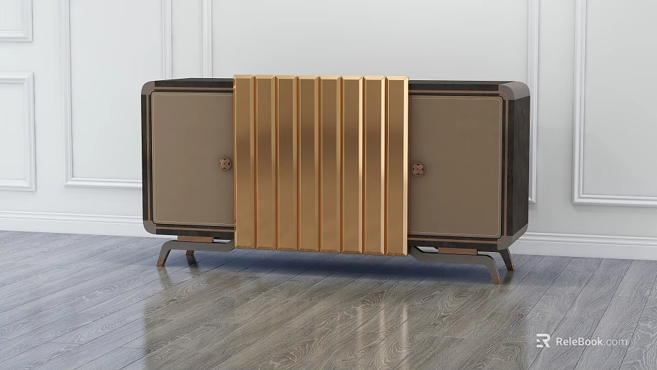 Modern Entryway Console Cabinet With Golden Metal Strips And Dark Wooden Storage Doors 3d model 