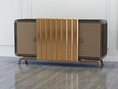 Modern Entryway Console Cabinet With Golden Metal Strips And Dark Wooden Storage Doors 3d model