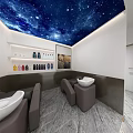 Modern Hair Salon Interior With Styling Chairs Round Mirrors And Decorative Shelves