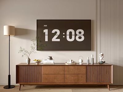 Modern Wooden TV Stand with Slatted Design Drawers Decorative Items Under TV and Floor Lamp 3d model