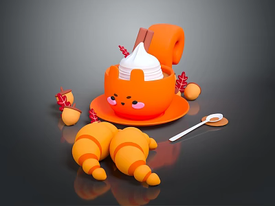 Cute Smiling Orange Doll Cup with Whipped Cream Cinnamon Stick Autumn Leaves Pumpkins and Croissants 3d model
