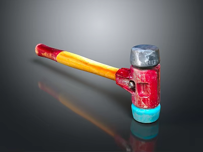 Red and Yellow Handle Hammer Weapon with Silver Head Blue Base and Reflective Dark Surface 3d model