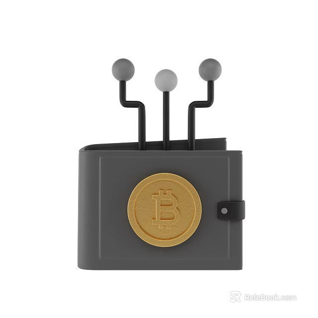 Decorative Ornament Set with Gray Wallet Gold Bitcoin Symbol and Three Black Stands Gray Spheres 3d model 