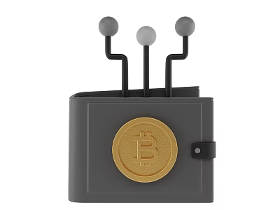 Decorative Ornament Set with Gray Wallet Gold Bitcoin Symbol and Three Black Stands Gray Spheres 3d model