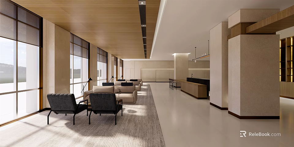 Modern Lounge Area With Comfortable Sofa Chairs Large Windows Wooden Ceiling And Area Rug 3d model 