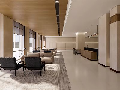 Modern Lounge Area With Comfortable Sofa Chairs Large Windows Wooden Ceiling And Area Rug 3d model