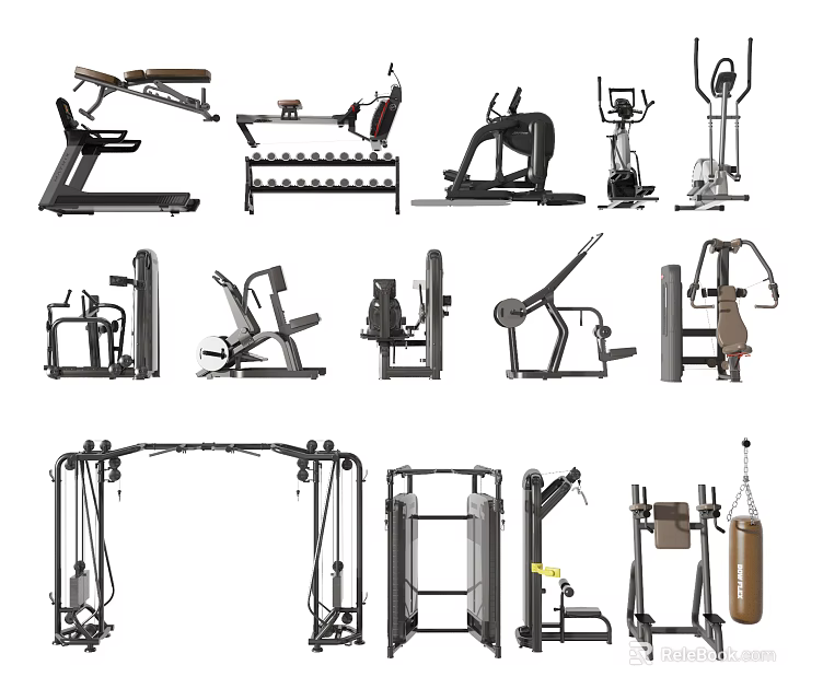 Various Types of Sports Equipment Including Weight Benches Elliptical Machines Dumbbell Racks and Punching Bags 3d model 