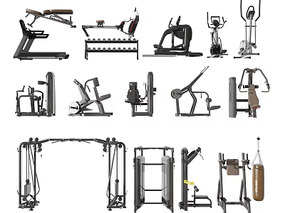 Various Types of Sports Equipment Including Weight Benches Elliptical Machines Dumbbell Racks and Punching Bags 3d model