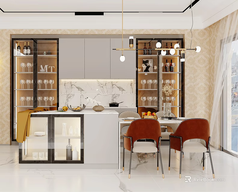 Elegant Modern Dining Table Set With Marble Top Orange Chairs And Pendant Lights 3d model