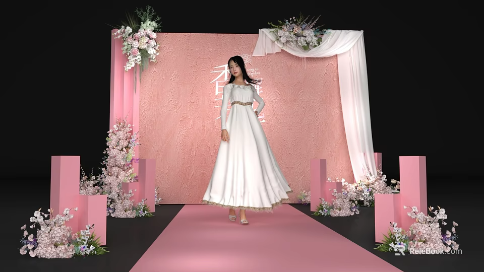 Fashion Runway With Model In White Long Dress On Pink Catwalk And Floral Decorations 3d model 