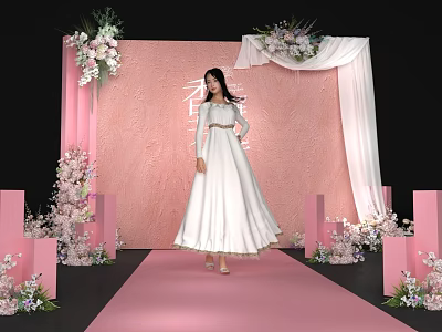 Fashion Runway With Model In White Long Dress On Pink Catwalk And Floral Decorations 3d model