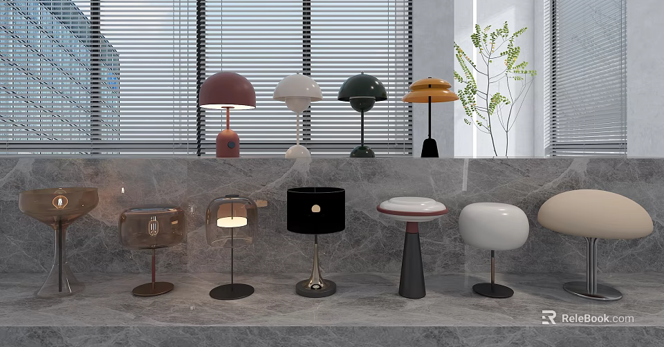 Assorted Modern Table Lamps With Diverse Colors And Designs On Marble Surface 3d model