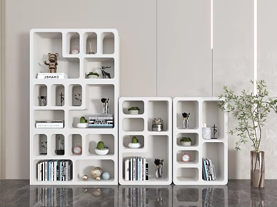 Modern White Multi Compartment Bookcase With Books Decorative Items And Small Plants 3d model