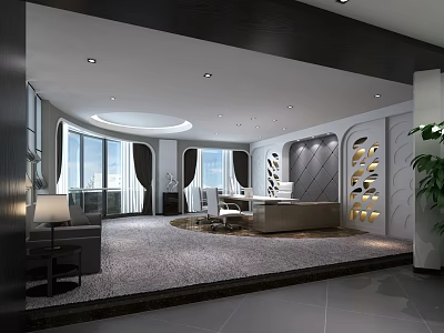 Modern Office Interior Design With Large Windows Circular Ceiling And Decorative Wall 3d model