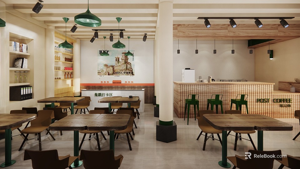 Cozy Modern Bubble Tea Shop Interior With Wooden Tables Green Pendant Lights And Counter 3d model 