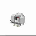 Industrial CNC Machining Center with White Open Workspace Red Component and Yellow Black Warning Strips