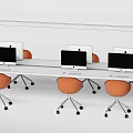 Long Modern Office Desk Setup With Three Mac Computers And Orange Chairs 3d model