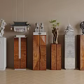 Decorative Ornaments Arrangement On Various Material Cabinets With Beige Wall Wooden Floor And Hanging Lamp