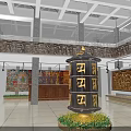 Traditional Temple Hall Interior With Large Prayer Wheel Murals And Glass Skylight