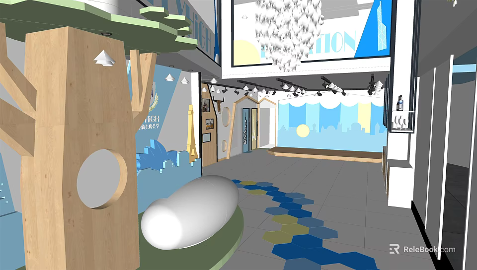 Modern Kindergarten Interior With Wooden Decor Colorful Floor And Cartoon Murals 3d model 