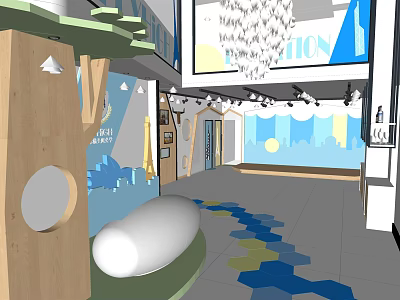 Modern Kindergarten Interior With Wooden Decor Colorful Floor And Cartoon Murals 3d model