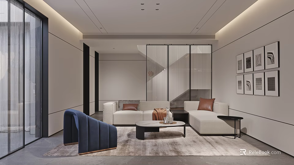 Modern Home Theater Interior With Sofas Coffee Table And Artworks 3d model