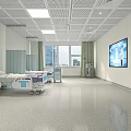 Hospital Outpatient Clinic Interior With Medical Beds Carts Windows Green Curtains And Ceiling Lights