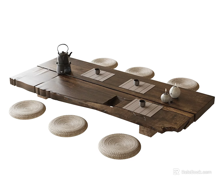 Rustic Wooden Tea Table With Teapot Tea Cups And Round Wicker Cushions For Tea Setting 3d model 