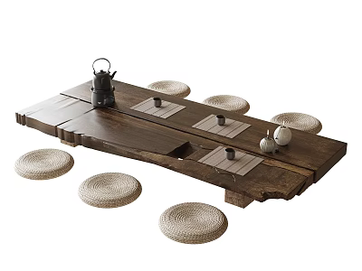 Rustic Wooden Tea Table With Teapot Tea Cups And Round Wicker Cushions For Tea Setting 3d model