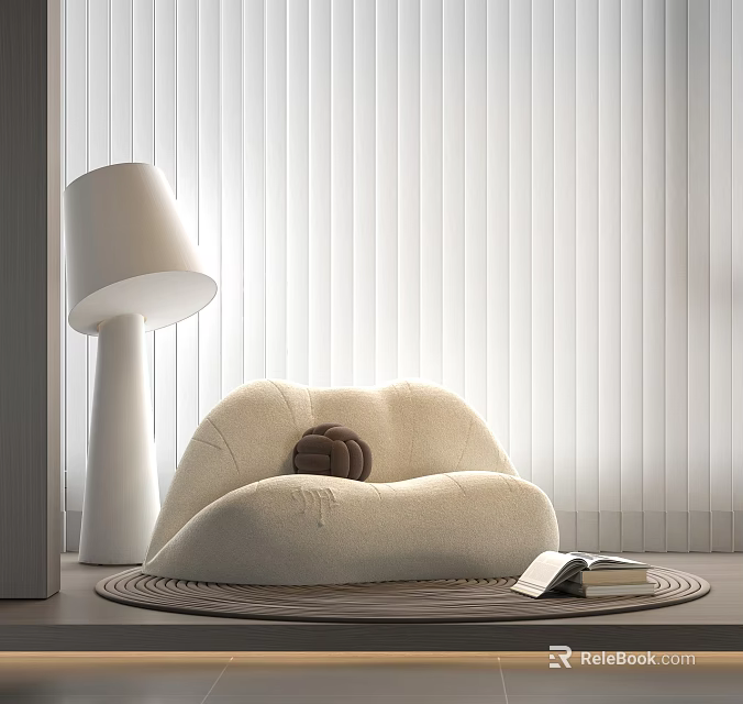 Beige Leisure Chair With Brown Cushion By White Floor Lamp And Venetian Blinds On Rug 3d model 