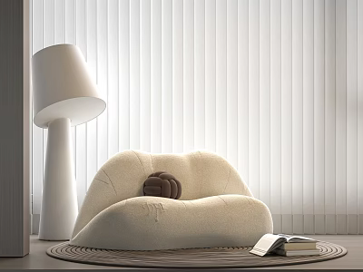Beige Leisure Chair With Brown Cushion By White Floor Lamp And Venetian Blinds On Rug 3d model
