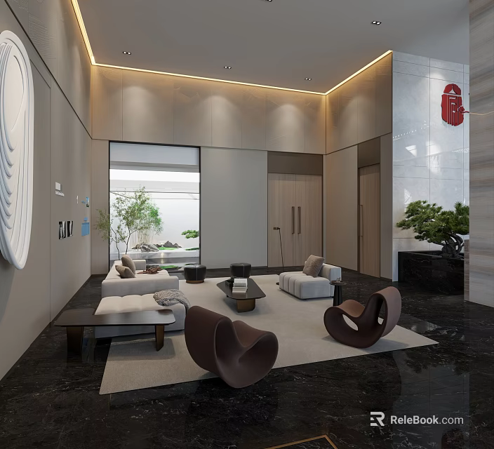 Modern Hotel Public Lounge Area With Comfortable Sofas Coffee Tables And Green Plants 3d model 