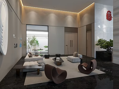 Modern Hotel Public Lounge Area With Comfortable Sofas Coffee Tables And Green Plants 3d model