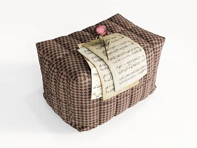 Single Sofa In Brown Houndstooth Check Pattern With Old Sheet Music And Pink Flower 3d model