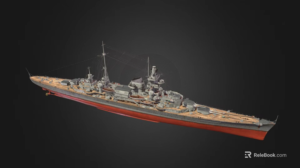 Realistic Battleship 3D Model With Detailed Deck Turret Mast And Red Bottom Hull 3d model 