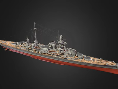 Realistic Battleship 3D Model With Detailed Deck Turret Mast And Red Bottom Hull 3d model