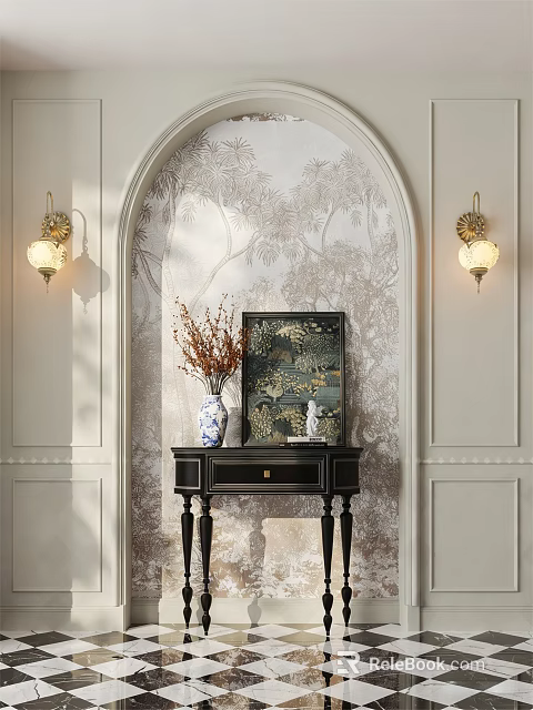 Elegant Entryway Side Cabinet with Blue White Vase Dried Flowers Decorative Painting and Patterned Wall 3d model 