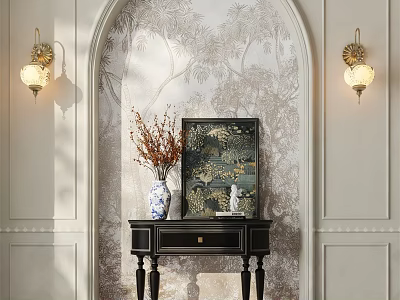 Elegant Entryway Side Cabinet with Blue White Vase Dried Flowers Decorative Painting and Patterned Wall 3d model