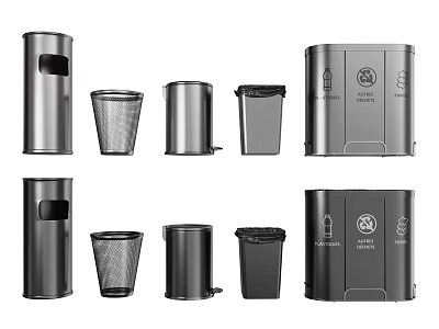 Hardware Tools Assorted Metal Trash Cans Featuring Different Styles Lids And Classification Labels 3d model
