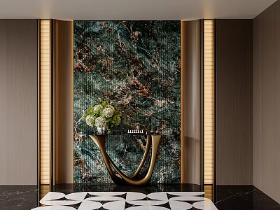 Elegant Modern Foyer Hallway With Marble Backdrop Gold Accents Green Plants And Geometric Tiles 3d model