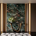 Elegant Modern Foyer Hallway With Marble Backdrop Gold Accents Green Plants And Geometric Tiles