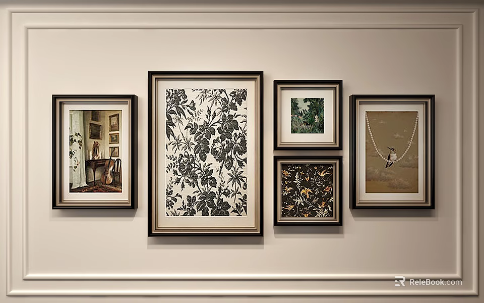 Multiple Framed Artworks In Various Styles Arranged On White Wall For Home Decor 3d model 