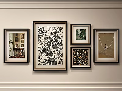 Multiple Framed Artworks In Various Styles Arranged On White Wall For Home Decor 3d model