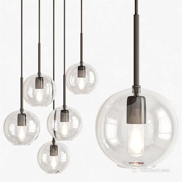 Clear Glass Spherical Pendant Lights With Black Metal Frame And Illuminated Bulbs 3d model 
