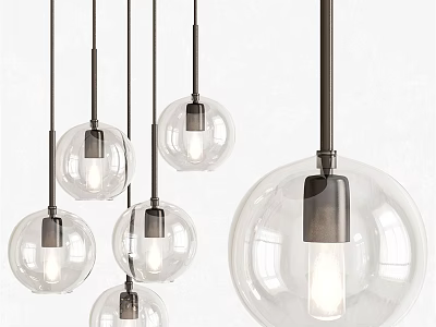 Clear Glass Spherical Pendant Lights With Black Metal Frame And Illuminated Bulbs 3d model