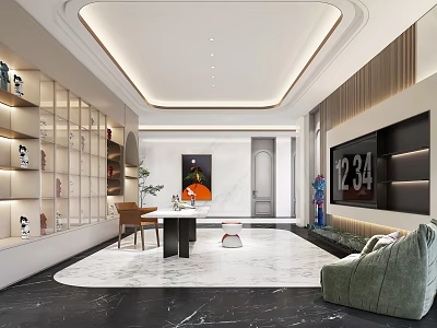 Modern Study Room Interior With Wooden Desk Chair Bookshelf Artwork And Soft Lighting 3d model