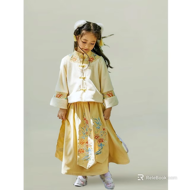 Woman Wearing Traditional Yellow Clothing With Embroidery And Floral Skirt 3d model 