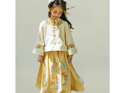 Woman Wearing Traditional Yellow Clothing With Embroidery And Floral Skirt 3d model