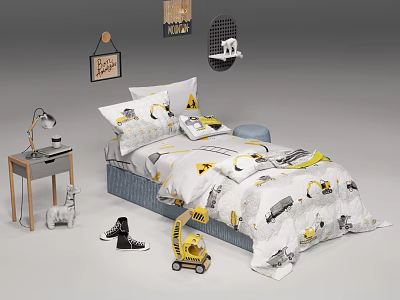 Playful Children's Bed With Transportation Print Bedding Lamp Side Table And Wall Art 3d model