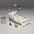Playful Children's Bed With Transportation Print Bedding Lamp Side Table And Wall Art